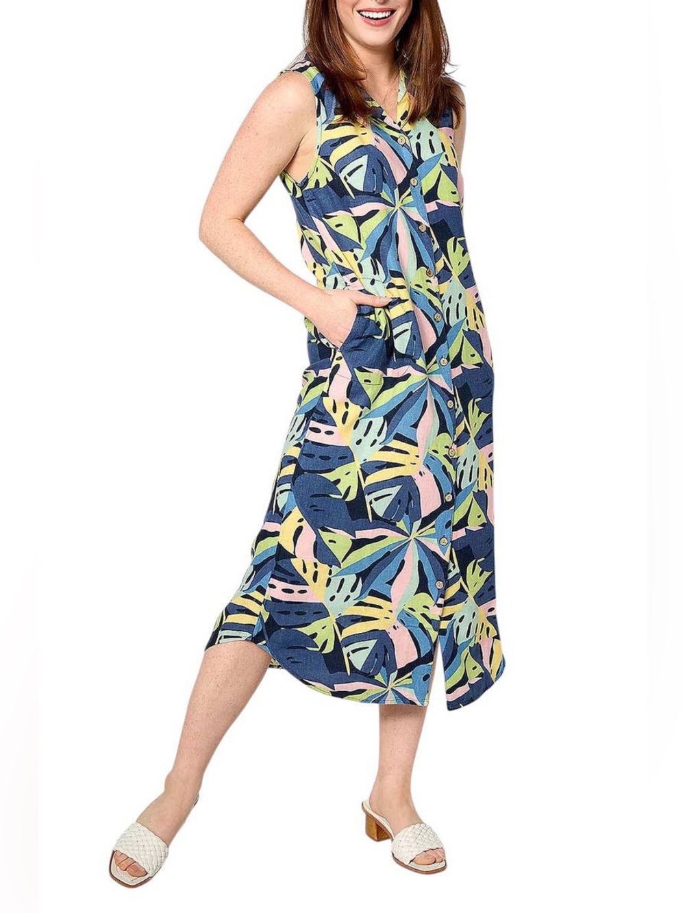Studio Park Navy Multicolor Tropical Leaf Button-Front Swim Coverup